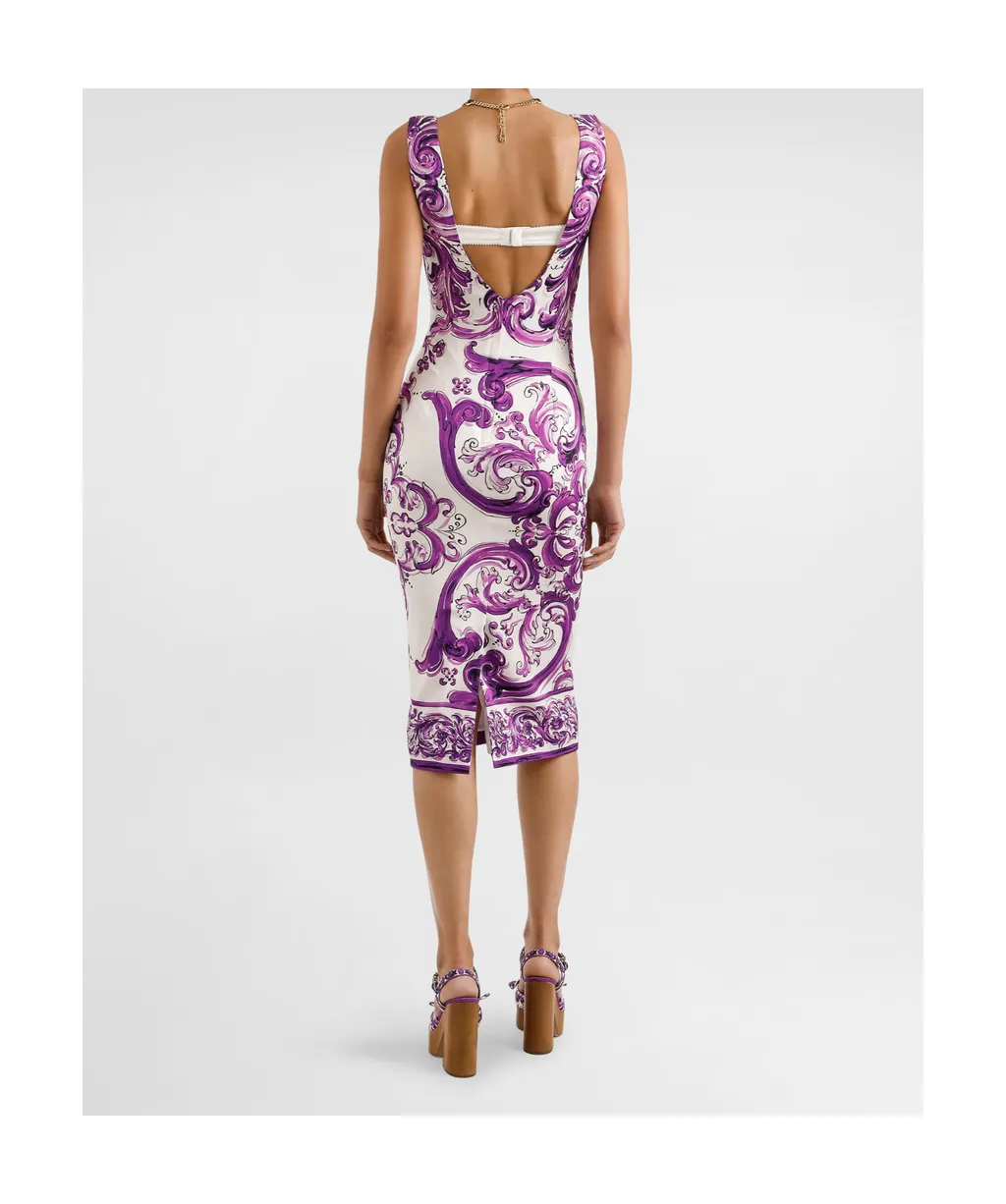 Majolica-Printed Long Charmeuse Dress