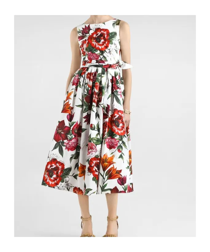 Flower Printed Sleeveless Poplin Dress