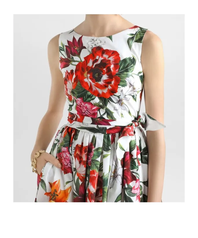Flower Printed Sleeveless Poplin Dress
