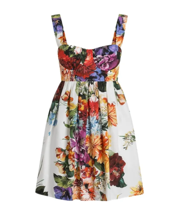 Flower Bouquet-Printed Mini Poplin Dress