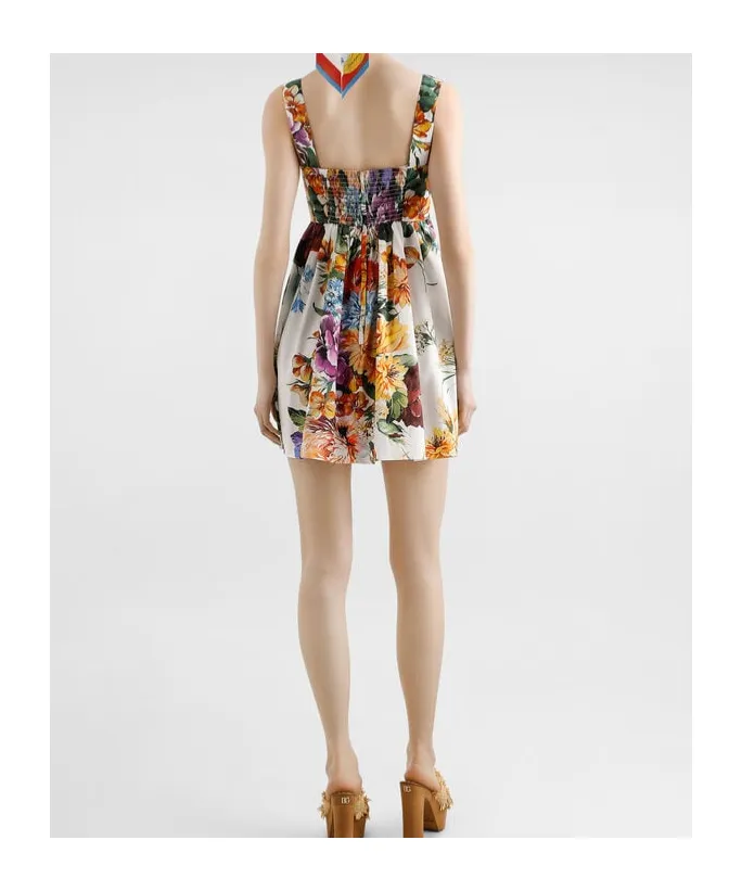 Flower Bouquet-Printed Mini Poplin Dress