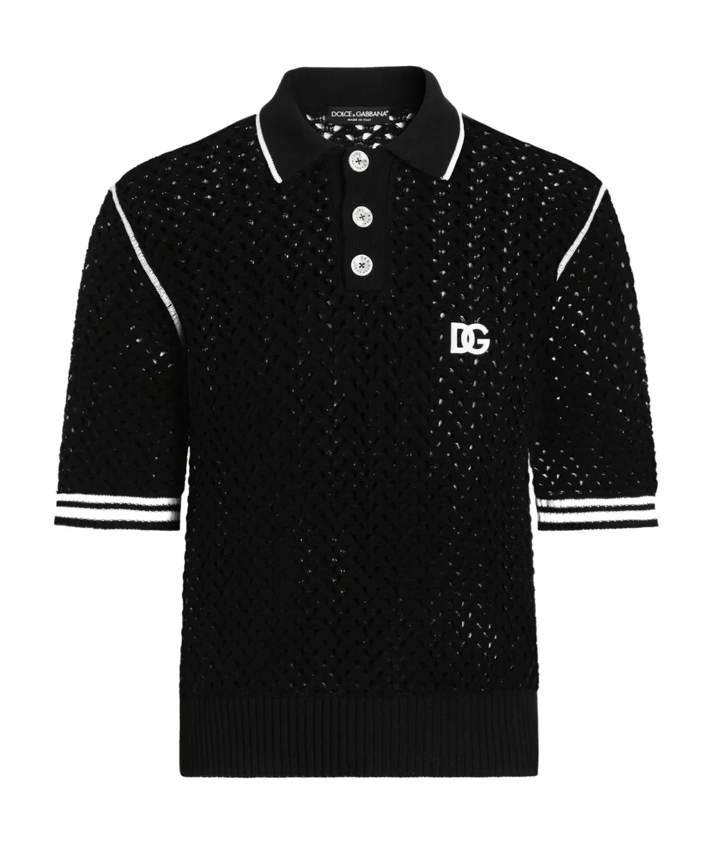 Crochet-Knit Short-Sleeve Polo Shirt