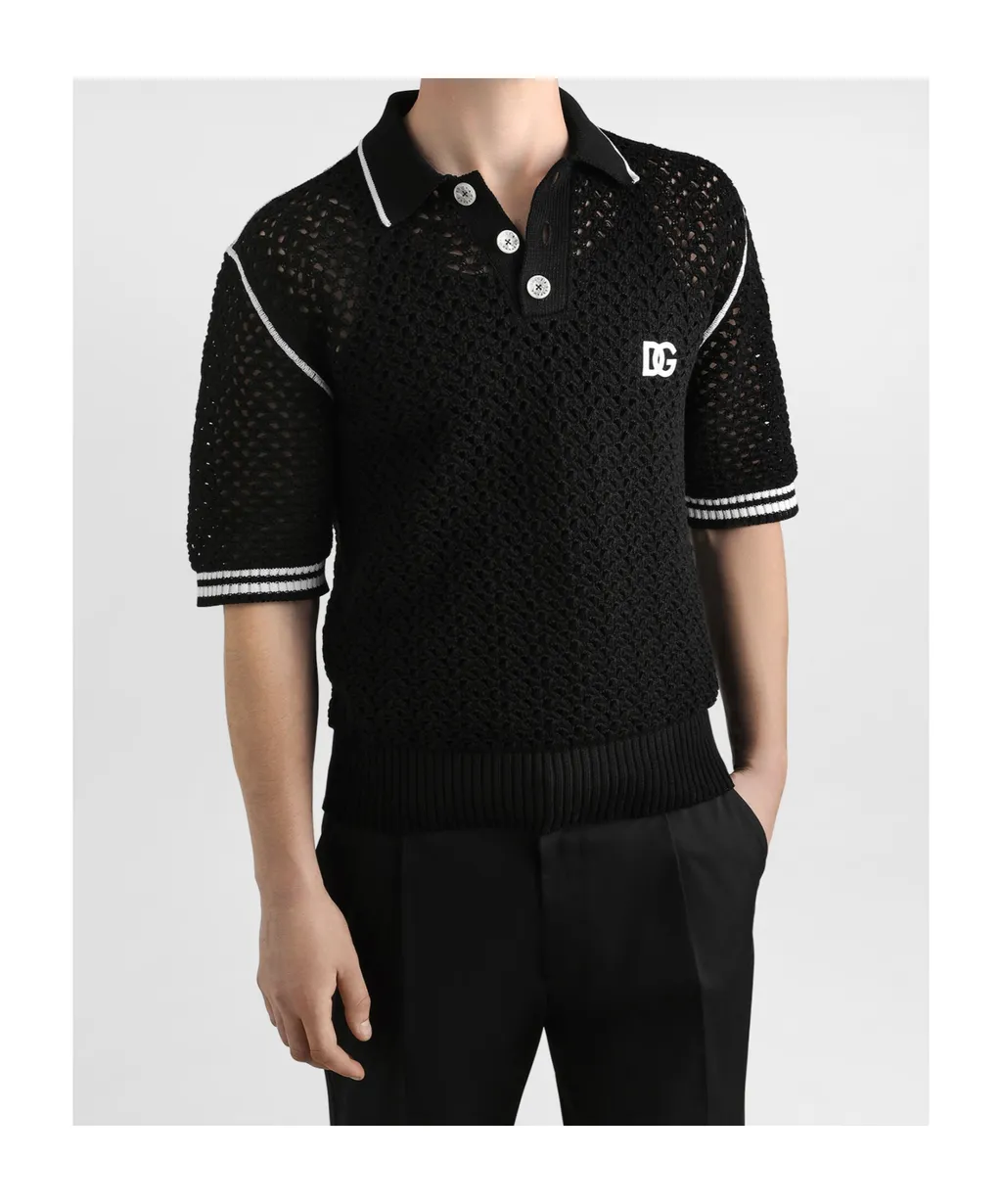 Crochet-Knit Short-Sleeve Polo Shirt