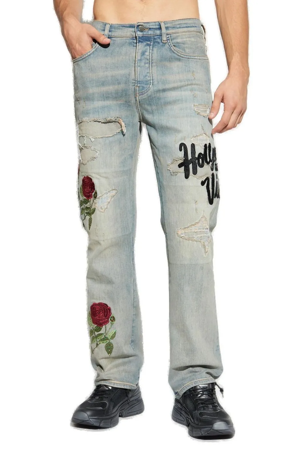 Floral Sequin Embellished Distressed Jeans