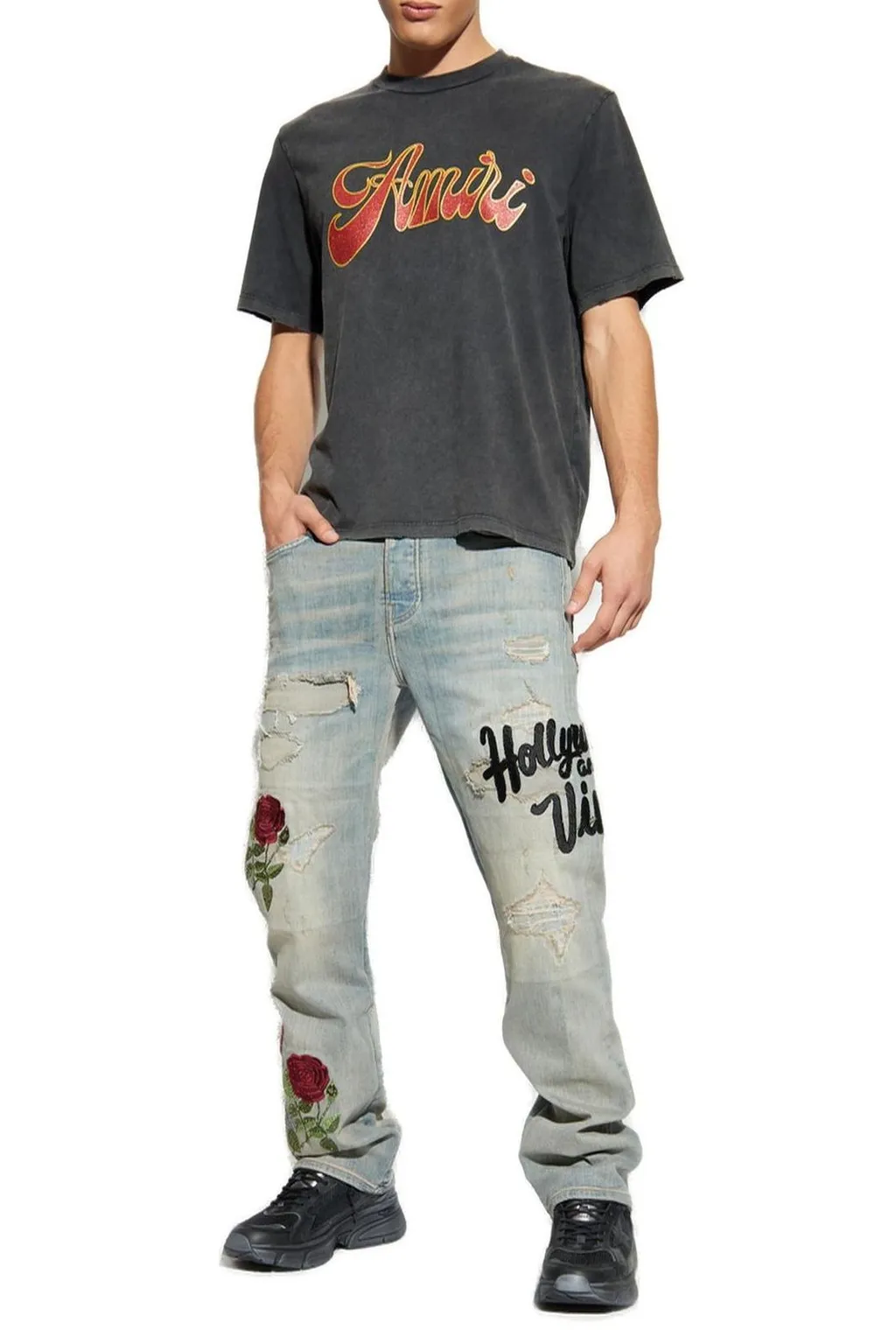 Floral Sequin Embellished Distressed Jeans