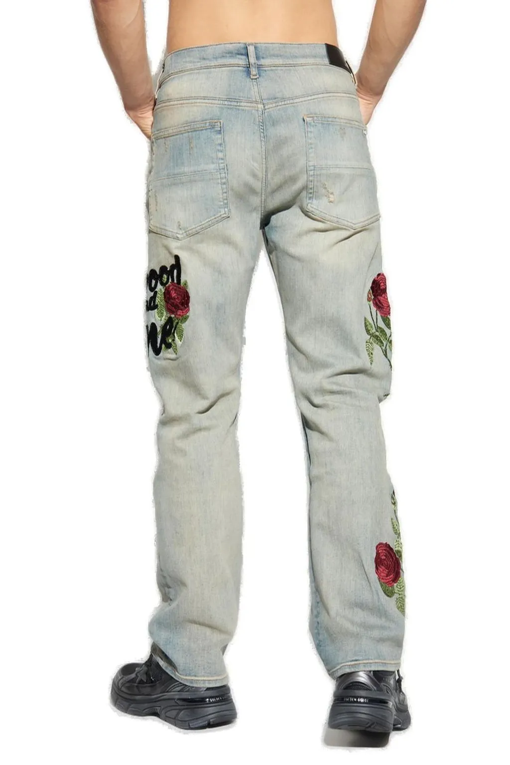 Floral Sequin Embellished Distressed Jeans