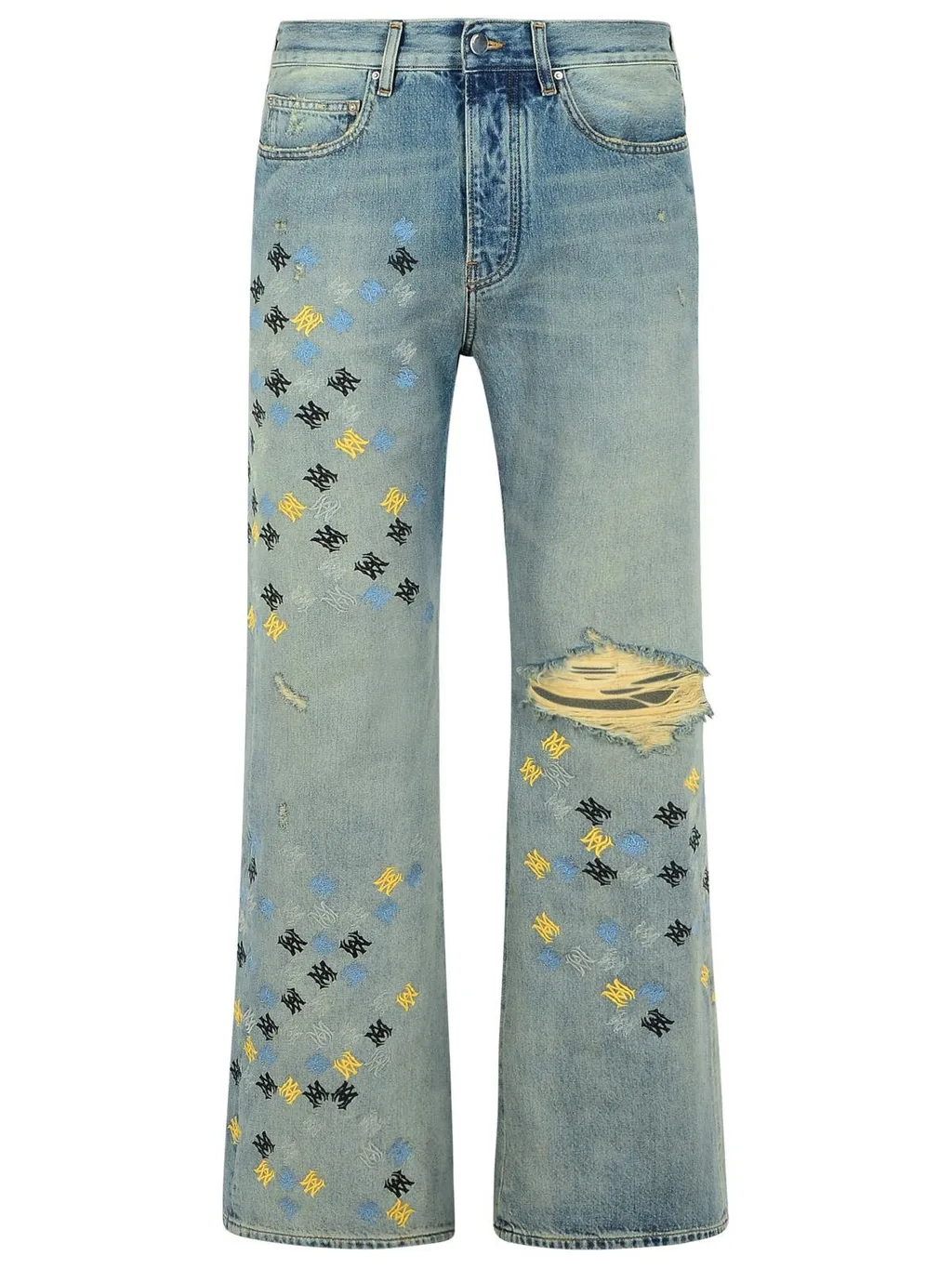 Ma Quad Embroidered Distressed Flared Jeans