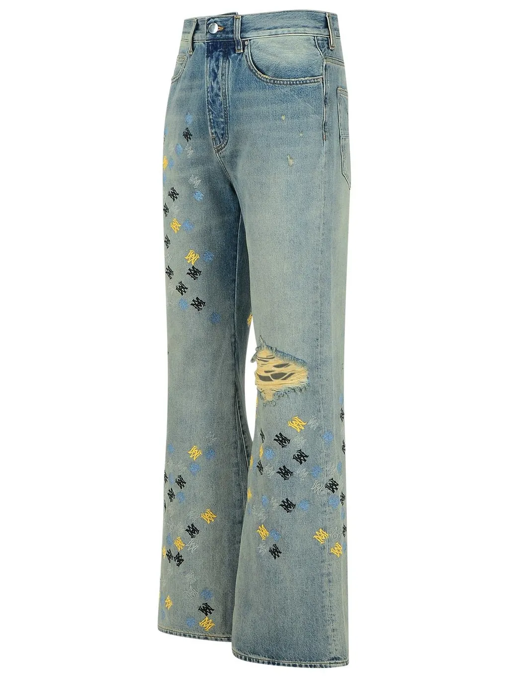 Ma Quad Embroidered Distressed Flared Jeans