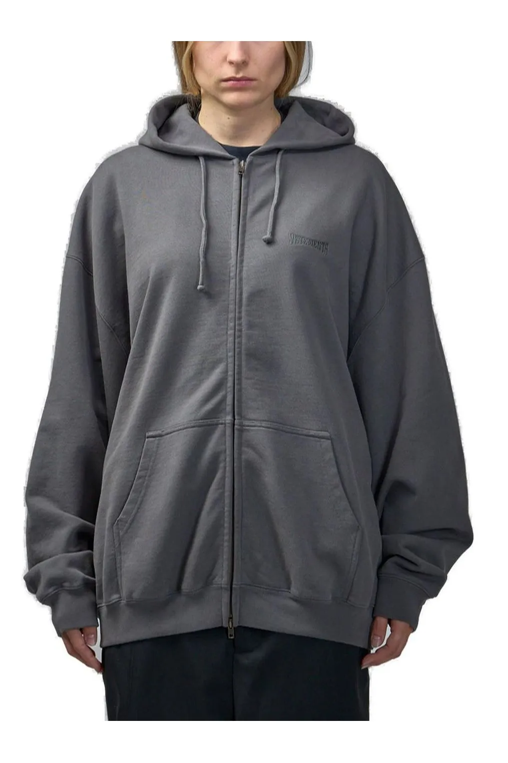 Logo Embroidered Zip-Up Drawstring Hoodie