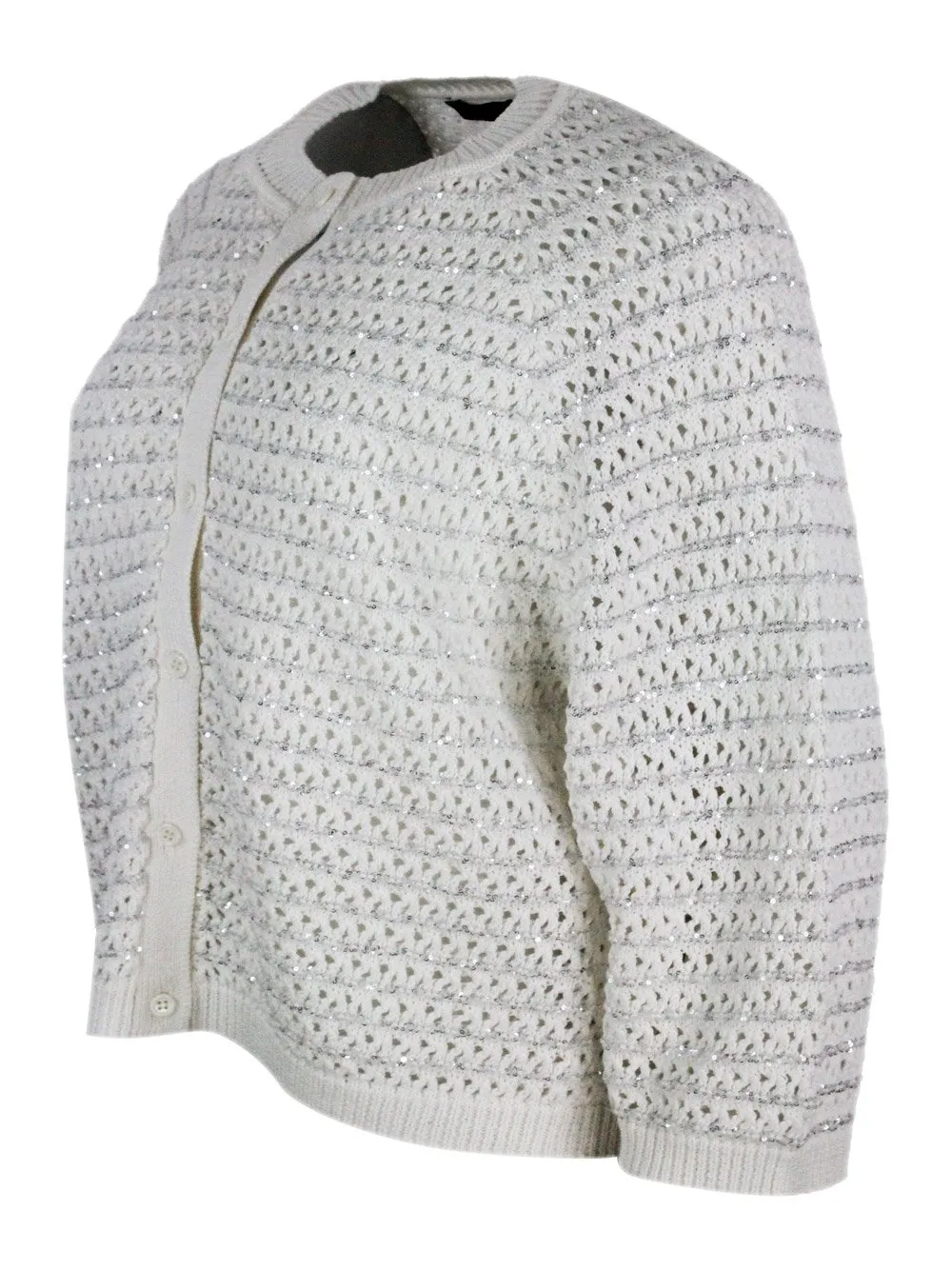 Sequin-Embellished Open-Knit Cardigan