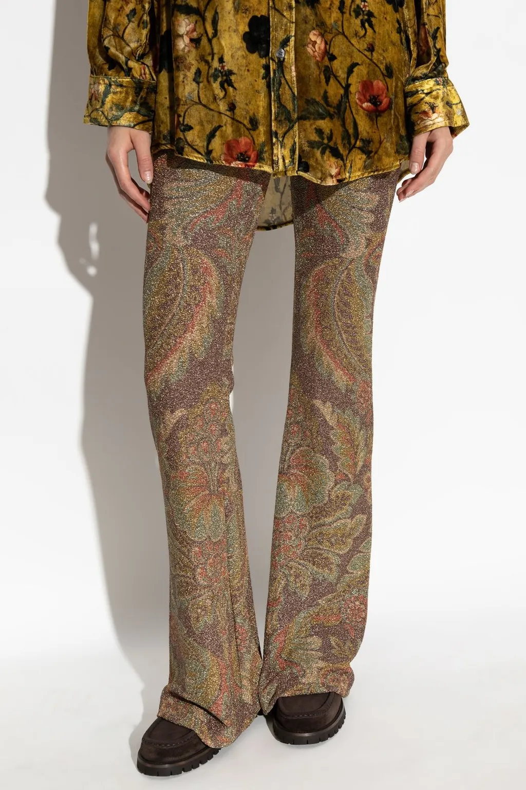 Paisley Printed Lurex Thread Flared Trousers