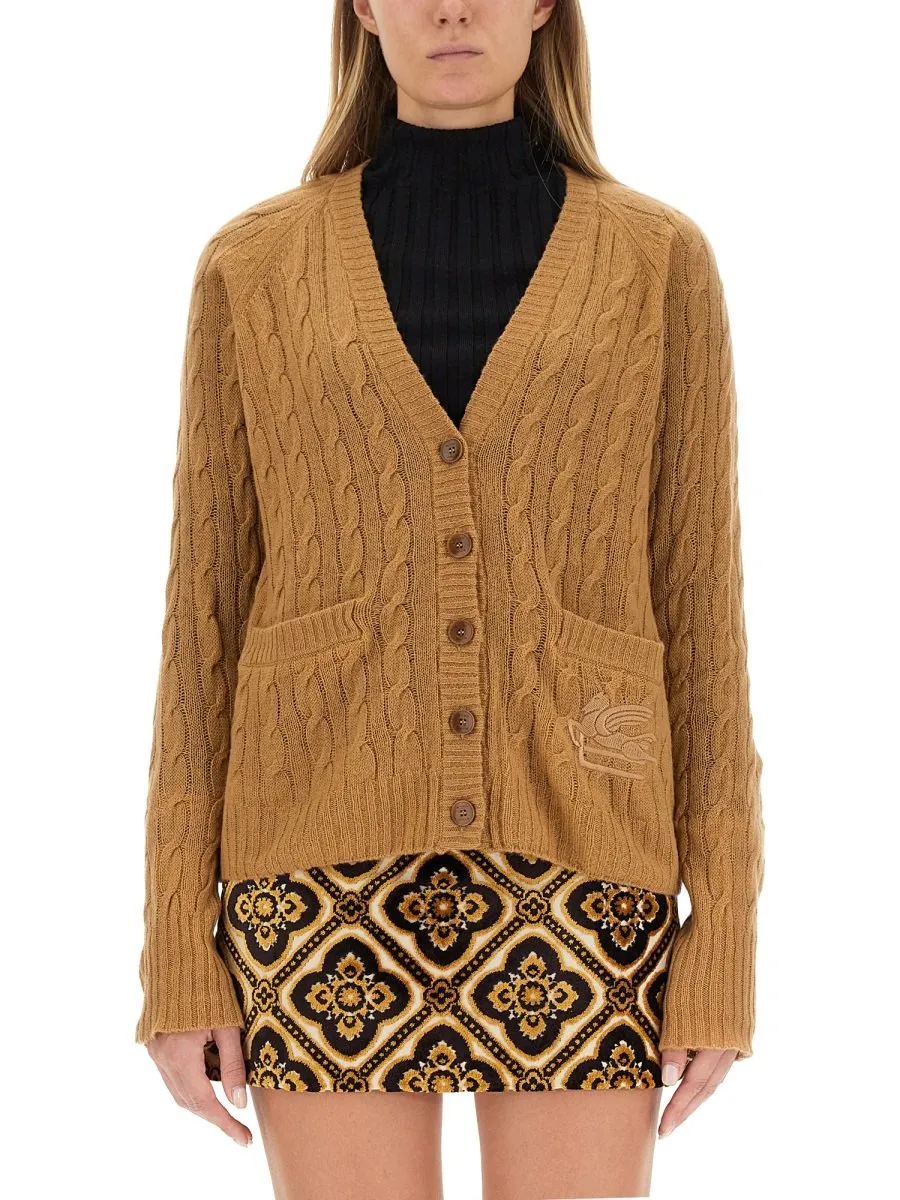 Pegaso-Motif V-Neck Cable-Knit Cardigan