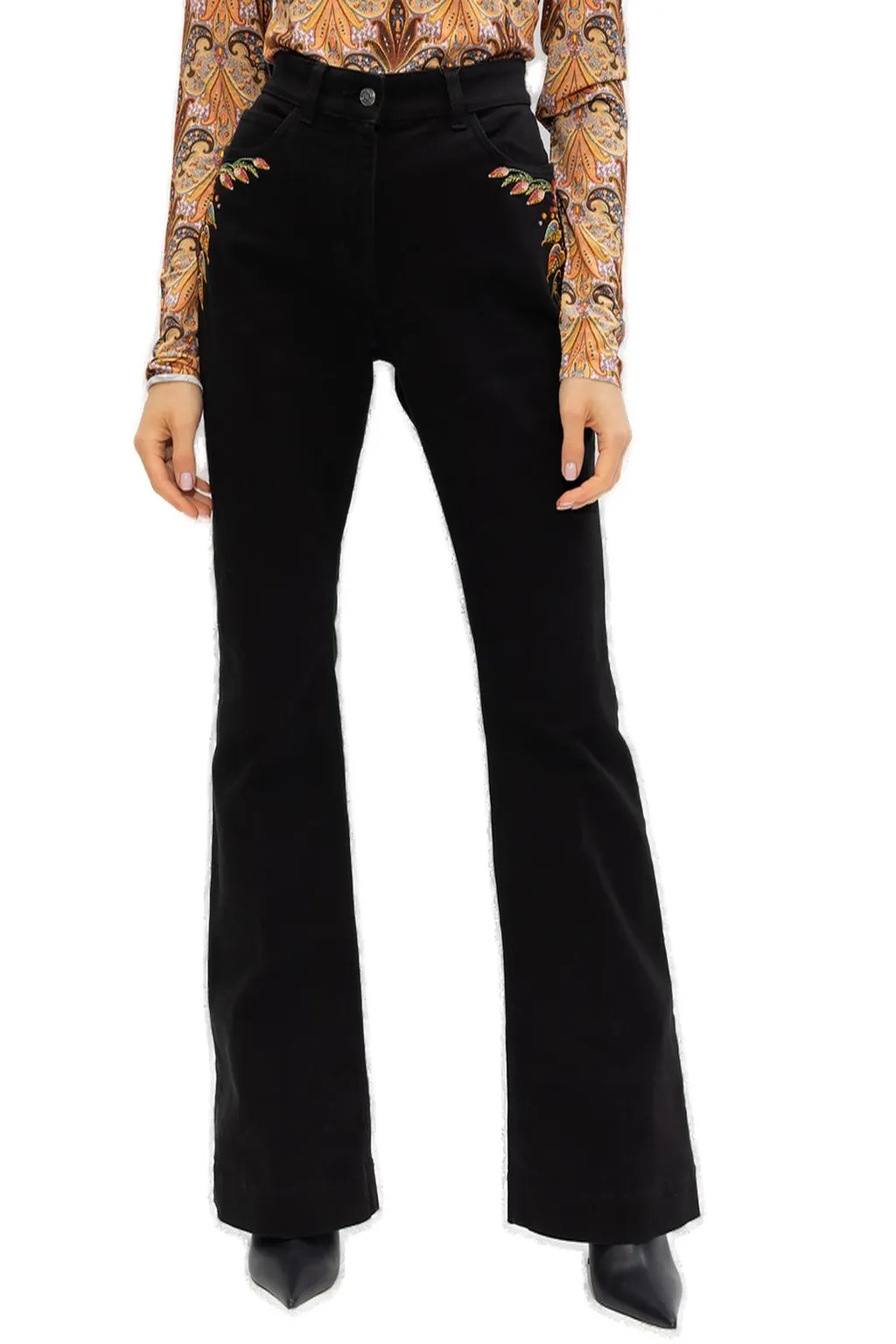 Foliage-Embroidered Flared Leg Jeans