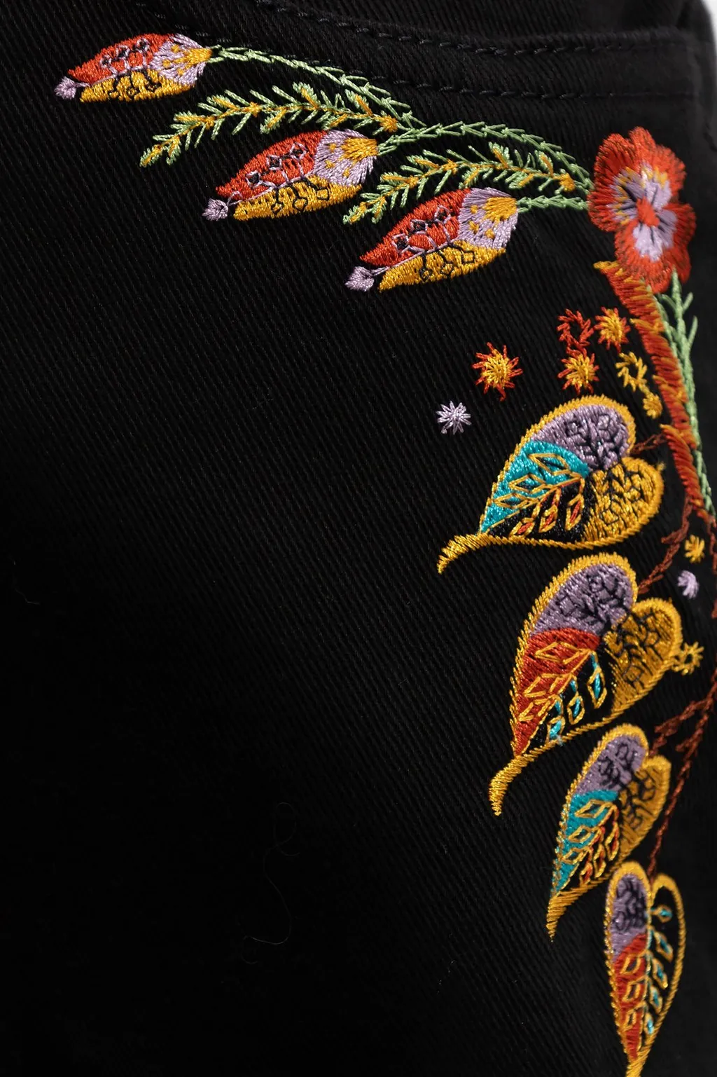 Foliage-Embroidered Flared Leg Jeans