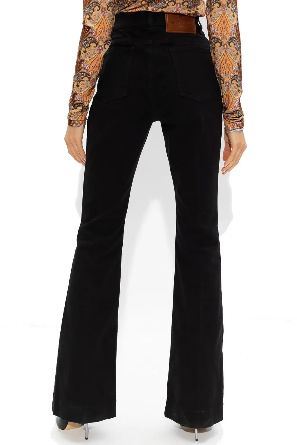 Foliage-Embroidered Flared Leg Jeans