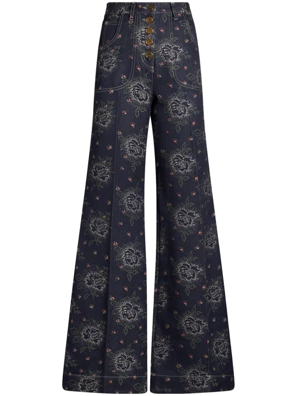 Floral-Jacquard High Waist Flared Jeans