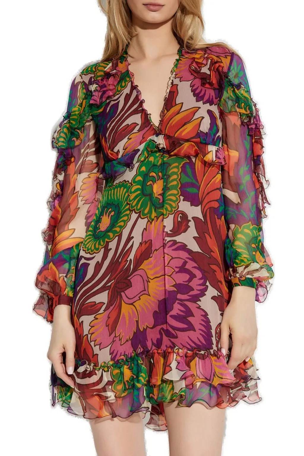 Floral-Printed V-Neck Mini Dress
