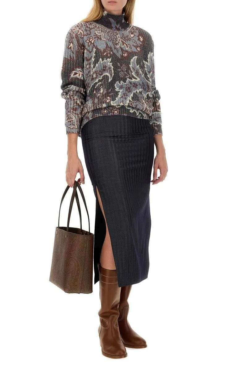 High-Waist Striped Midi Pencil Skirt