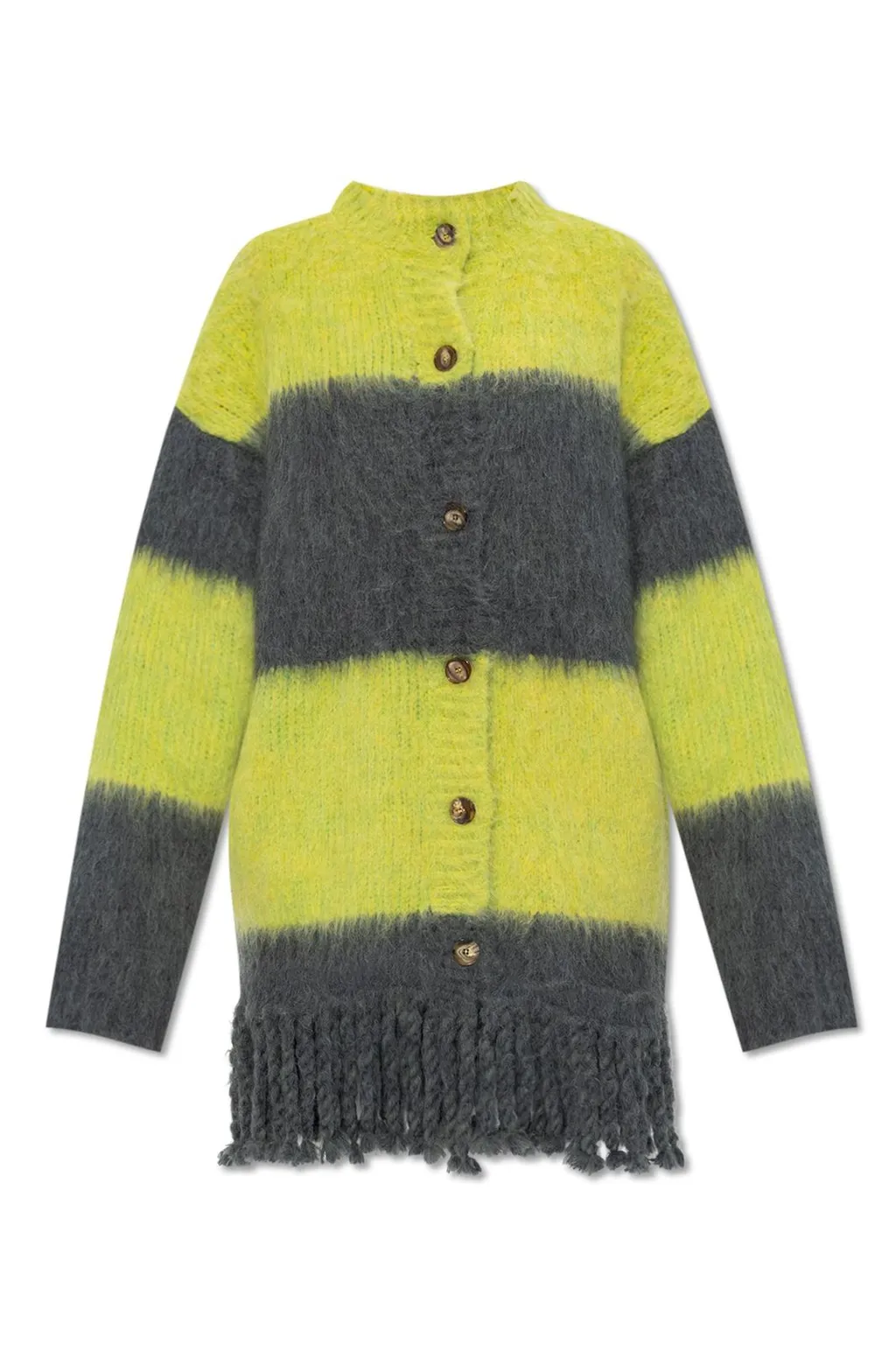 Striped Fringed Button-Up Cardigan