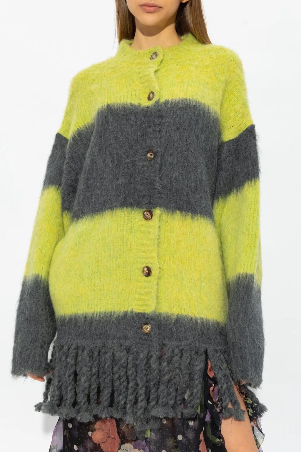 Striped Fringed Button-Up Cardigan