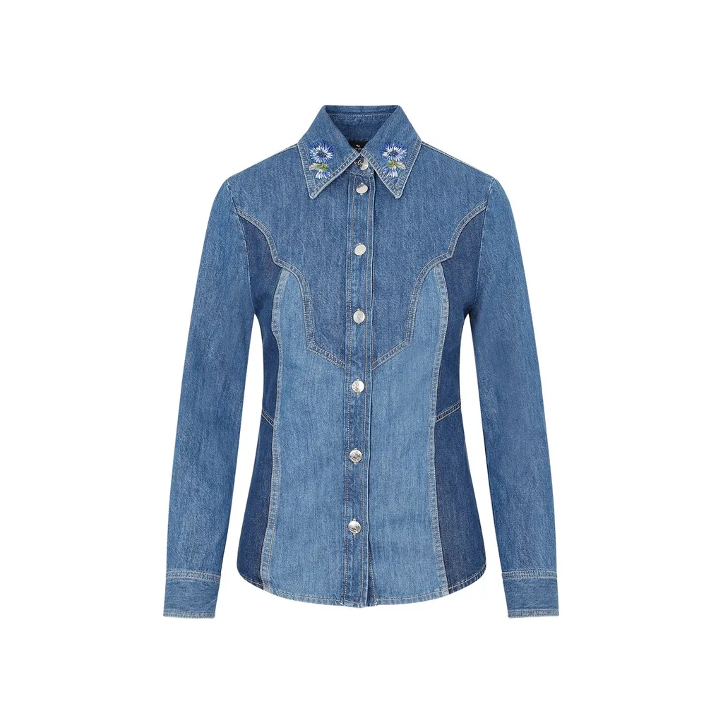 Floral Embroidered Button Up Denim Shirt