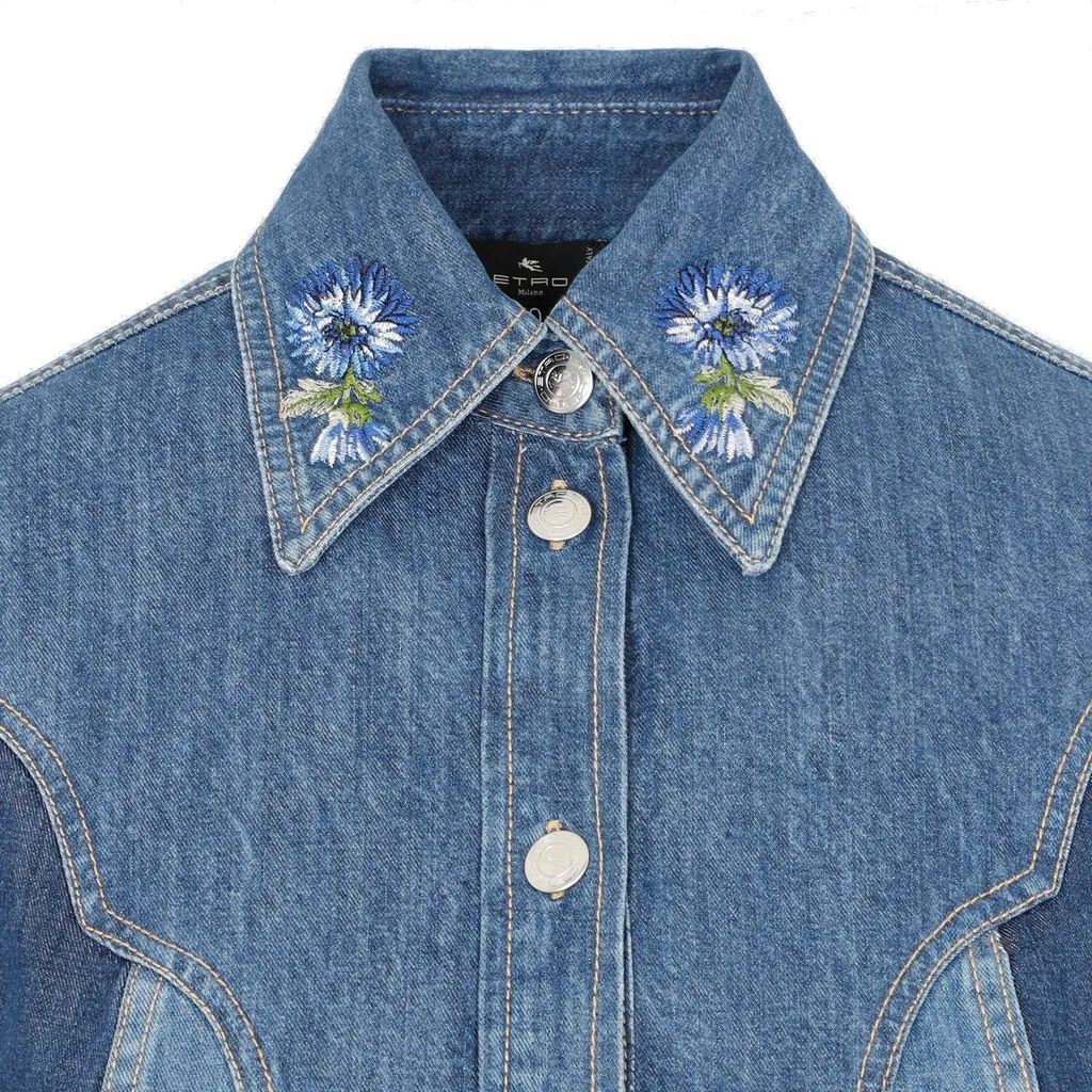 Floral Embroidered Button Up Denim Shirt