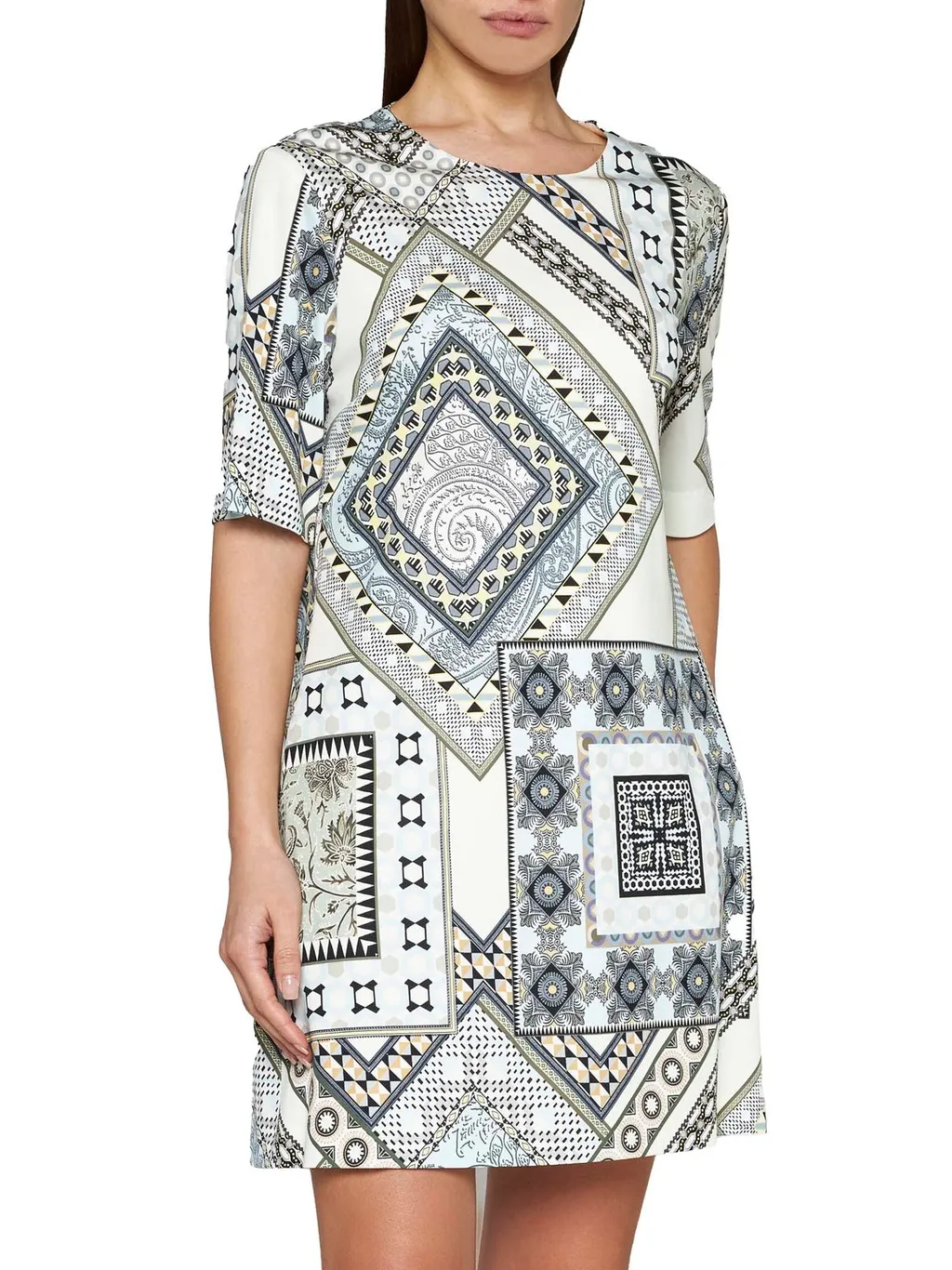 Short-Sleeved Patchwork Printed Shift Dress