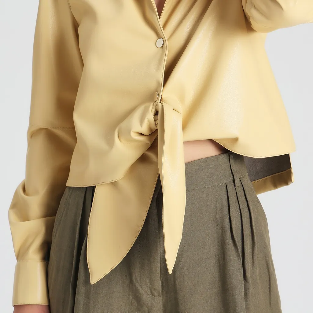 Bow Detailed Faux Leather Shirt
