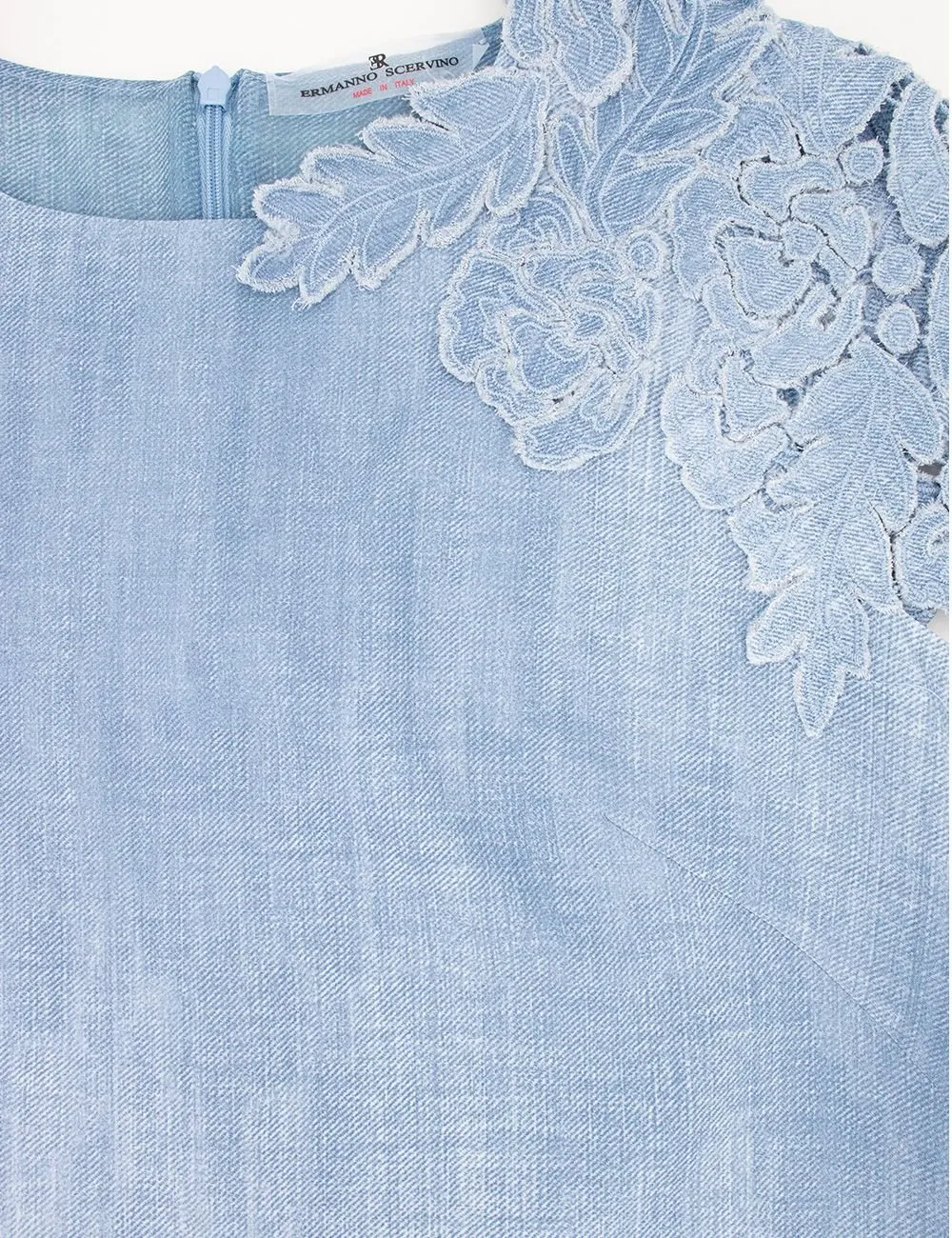 Lace-Trimmed Denim Midi Dress