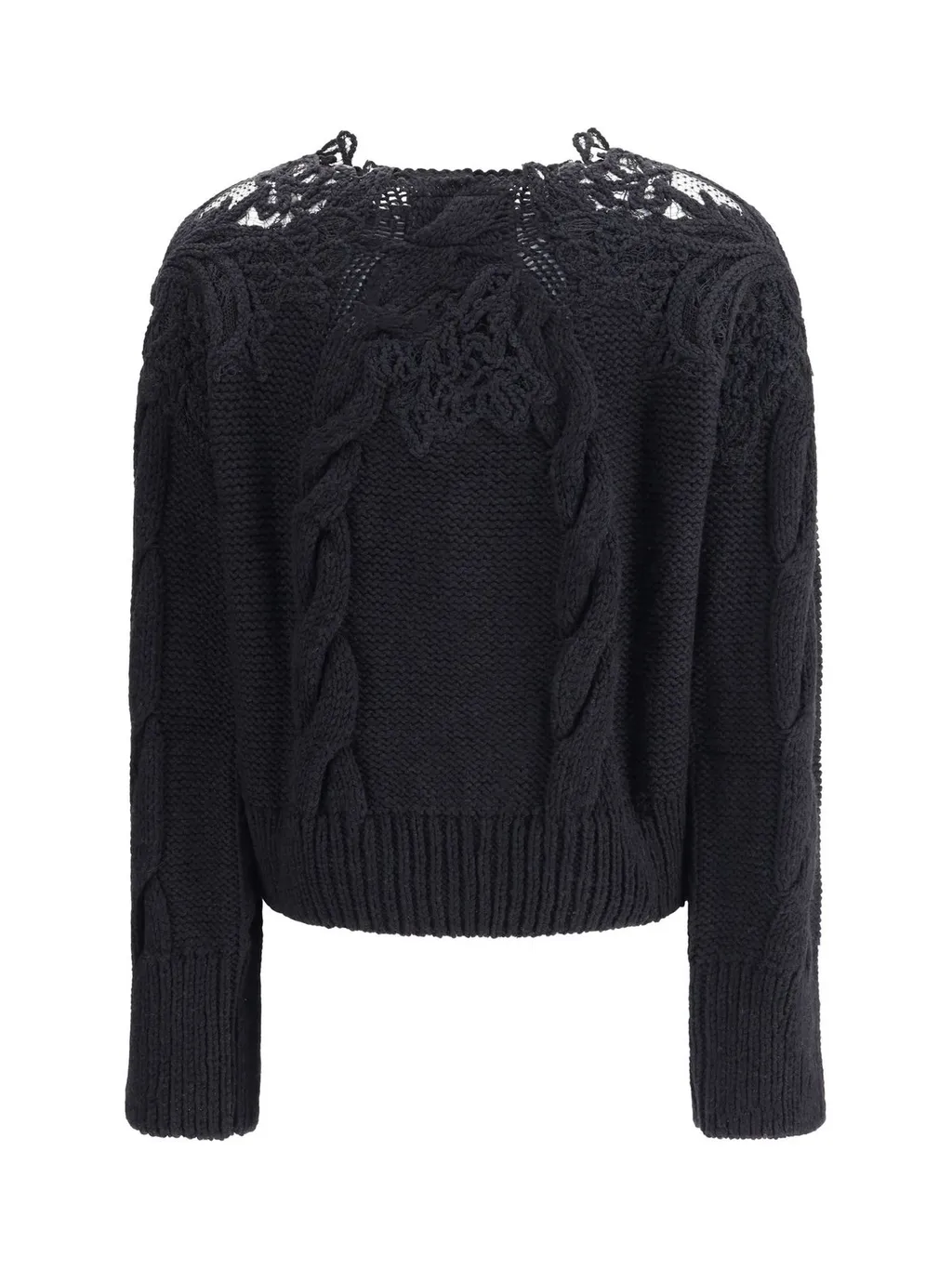 Lace-Insert Cable-Knit Crewneck Jumper