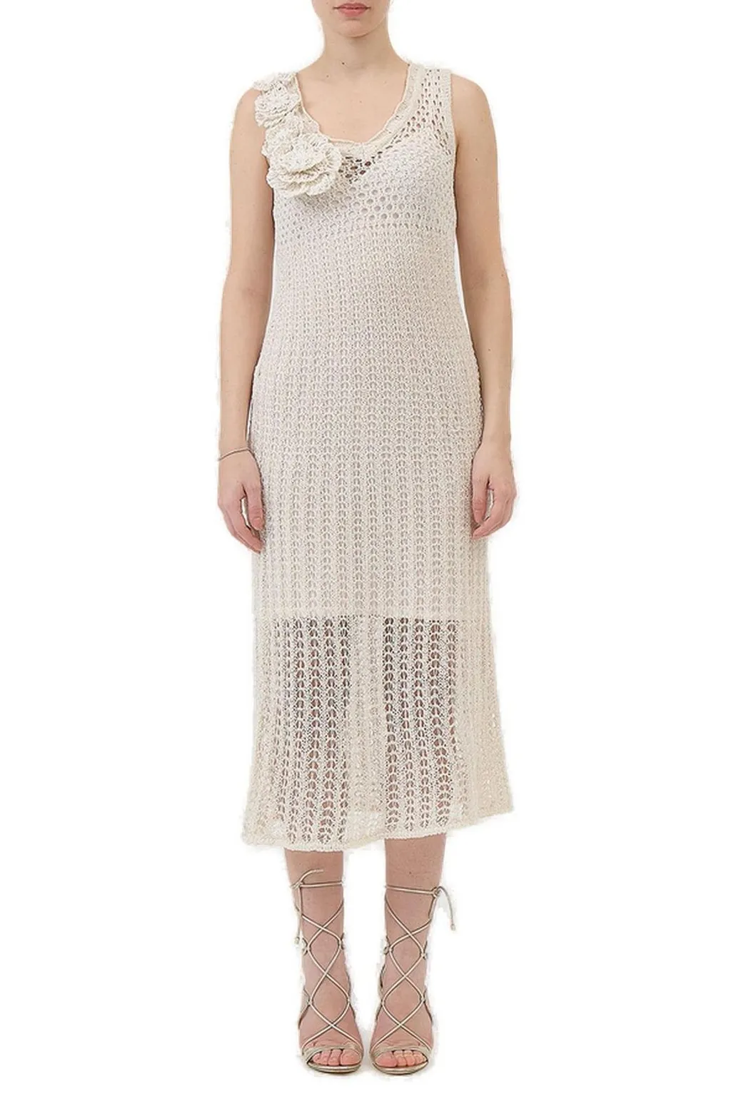 Floral Detail Open-Knit Midi Dress