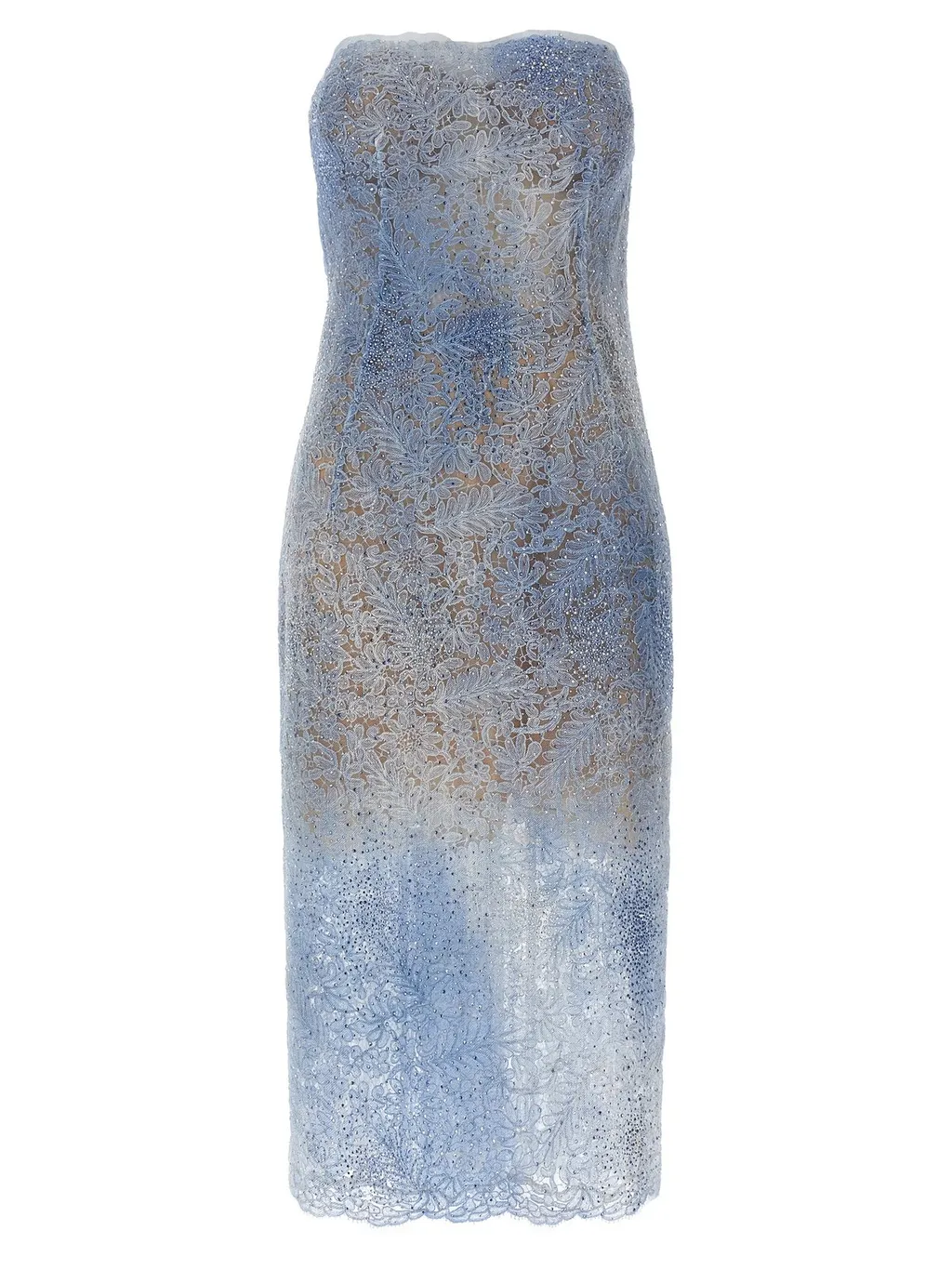 Denim Printed Lace Bustier Midi Dress
