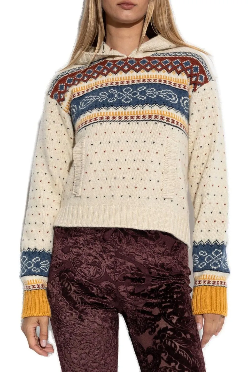 Pattern Intarsia-Knit Hooded Jumper