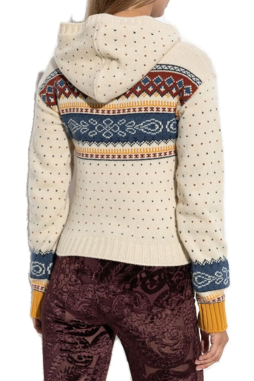 Pattern Intarsia-Knit Hooded Jumper