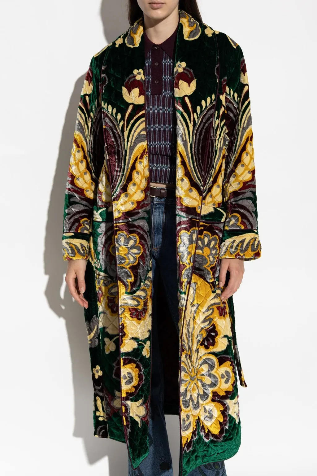 Graphic Printed Belted Velvet Coat