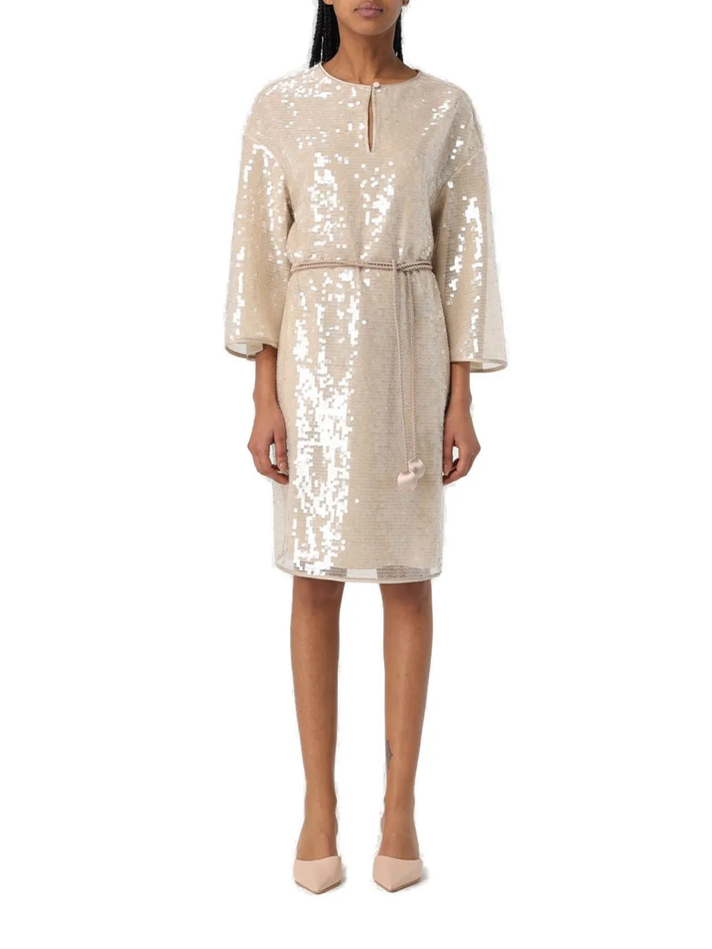 Sequin-Embellished Keyhole Neck Midi Dress