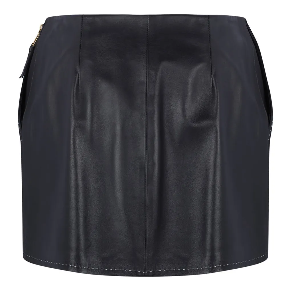 Contrast Topstitched Leather Skirt