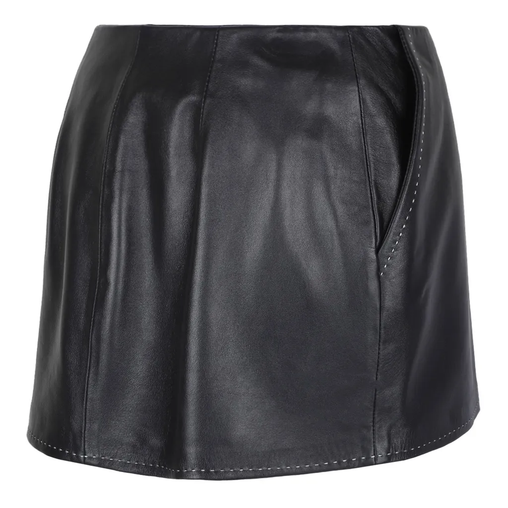 Contrast Topstitched Leather Skirt