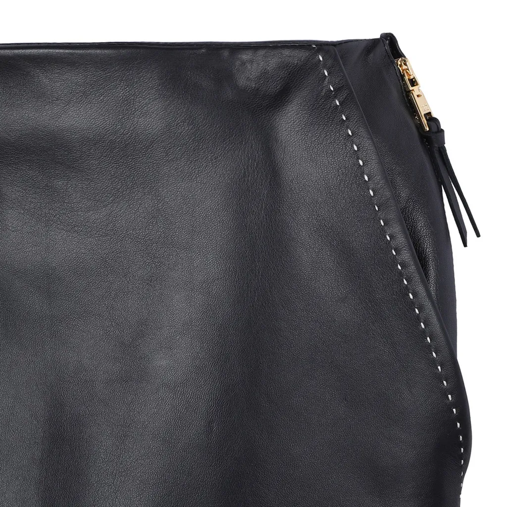 Contrast Topstitched Leather Skirt