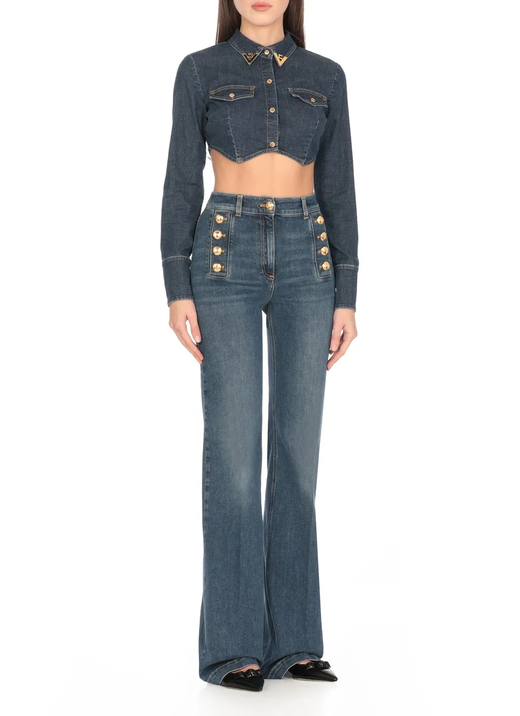 Logo Detailed Cropped Denim Shirt