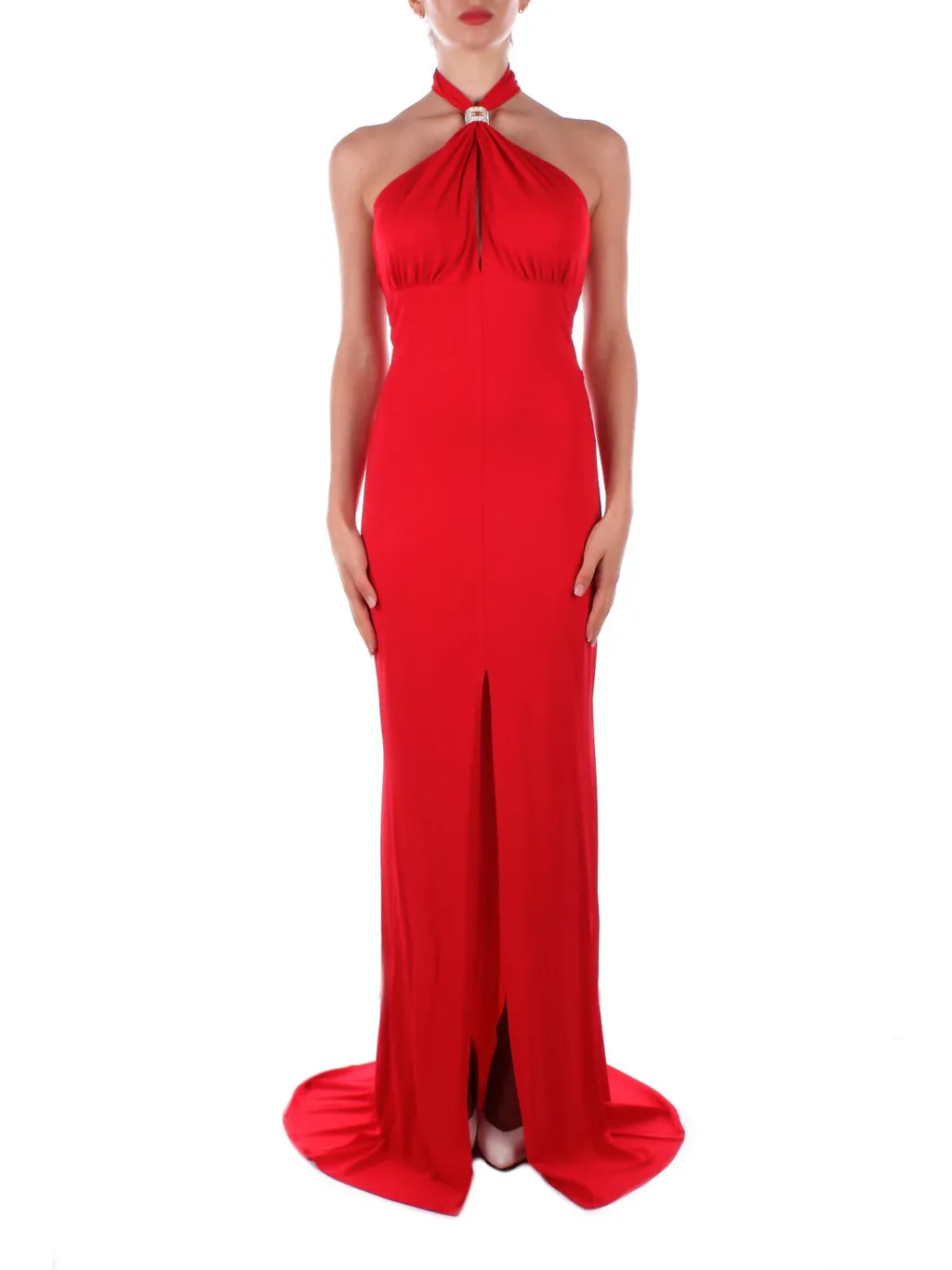 Logo Plaque Draped Red Carpet Dress