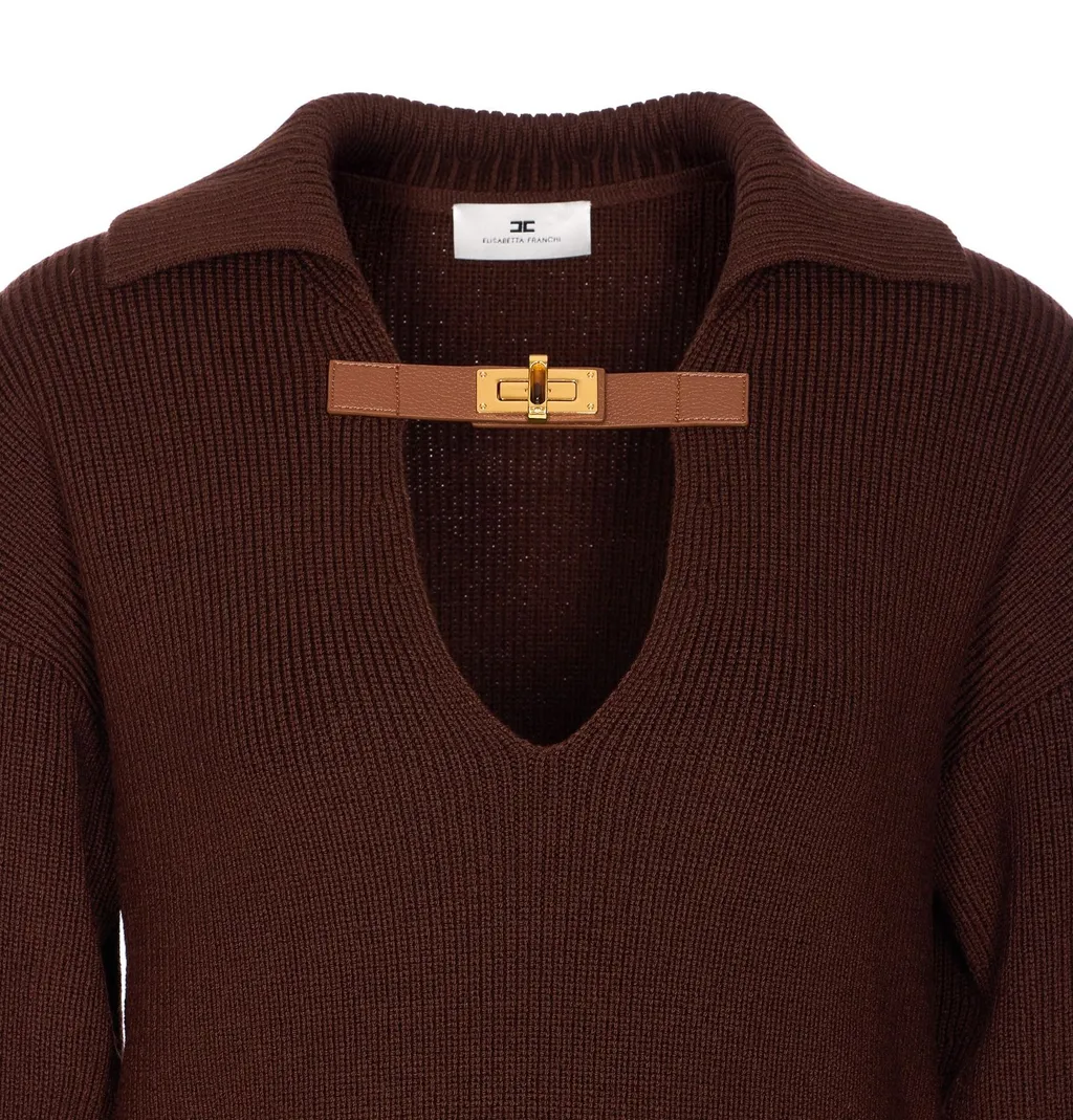 Ribbed Knit Buckle-Detail Polo-Collar Jumper