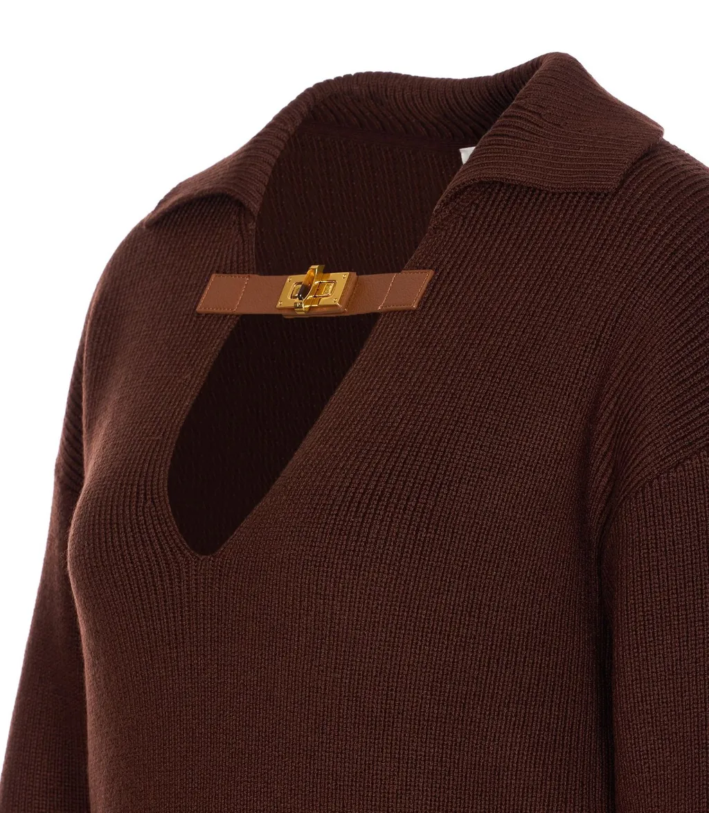 Ribbed Knit Buckle-Detail Polo-Collar Jumper