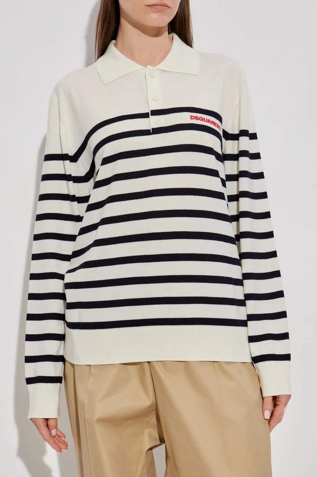 Logo Embroidered Striped Knit Polo Top