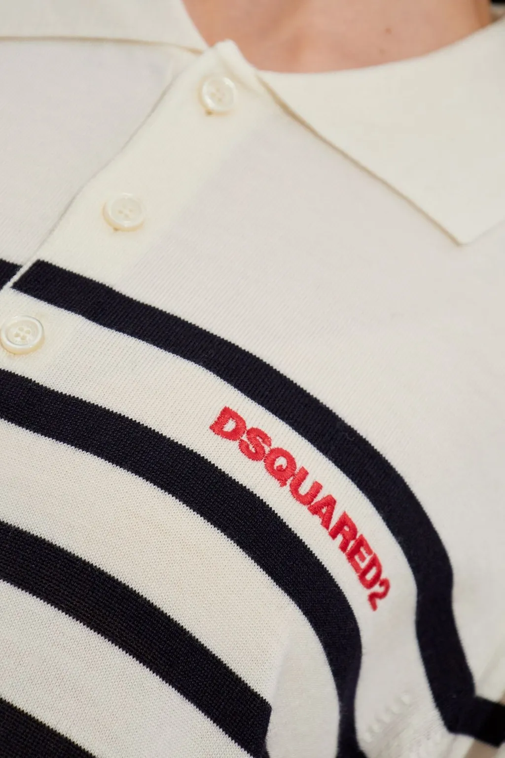 Logo Embroidered Striped Knit Polo Top