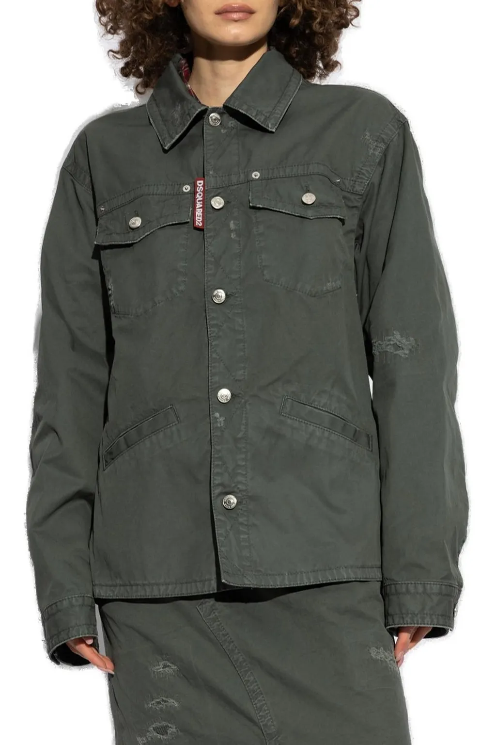 Button-Up Distressed Belted Overshirt
