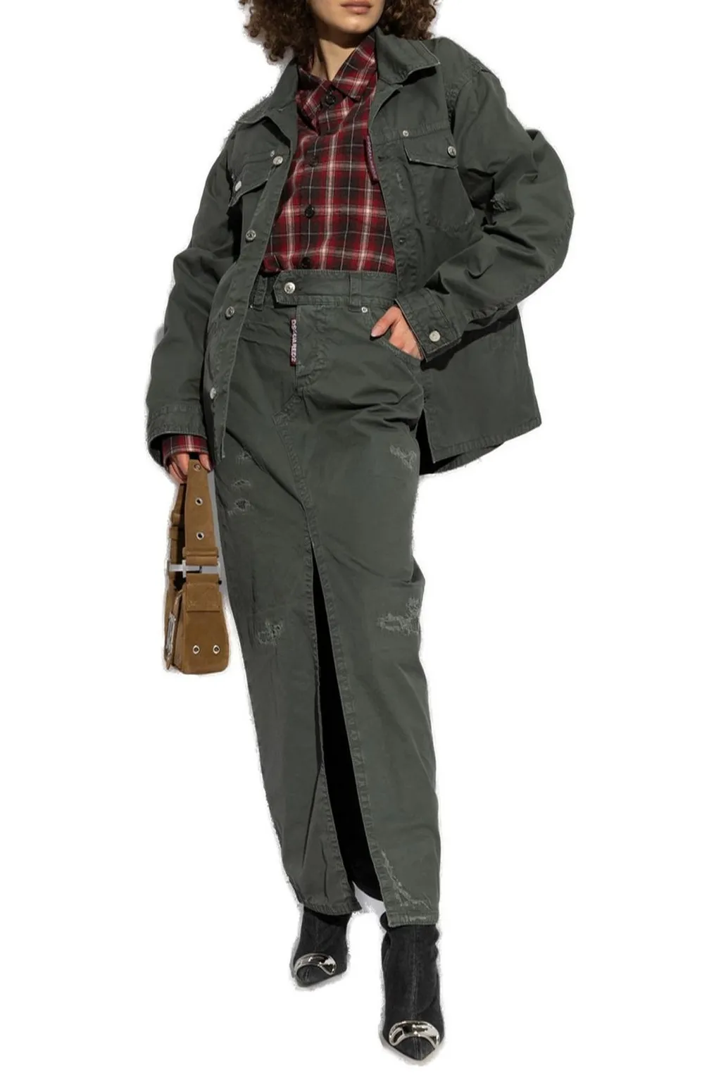 Button-Up Distressed Belted Overshirt