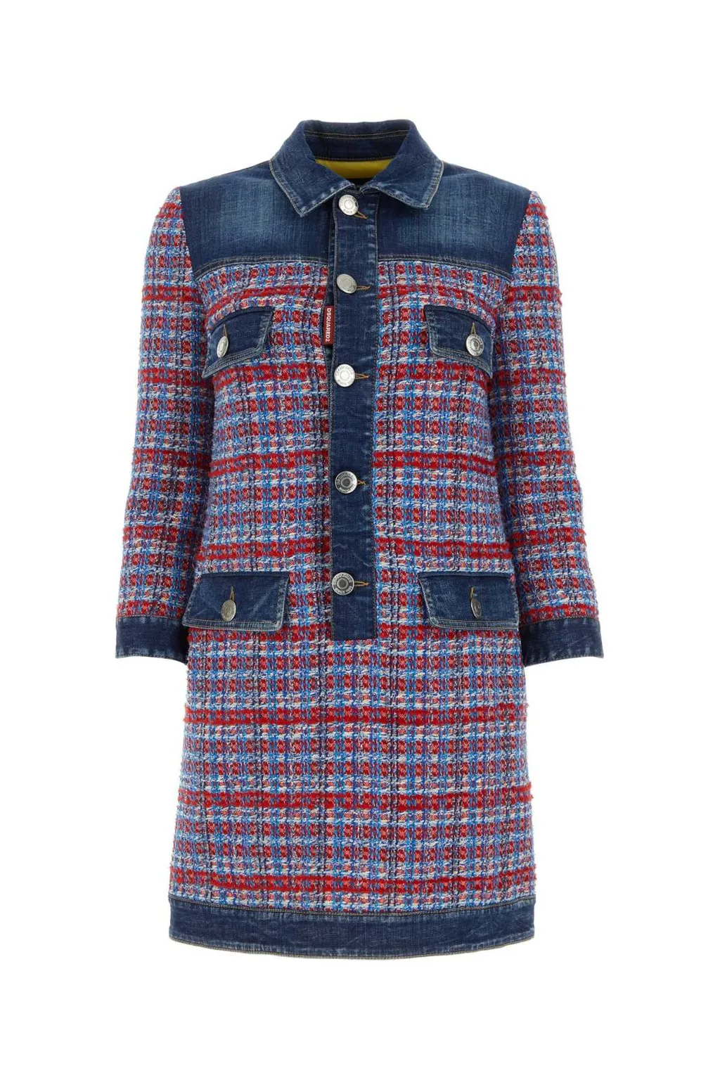Panelled Tweed Buttoned Denim Mini Dress