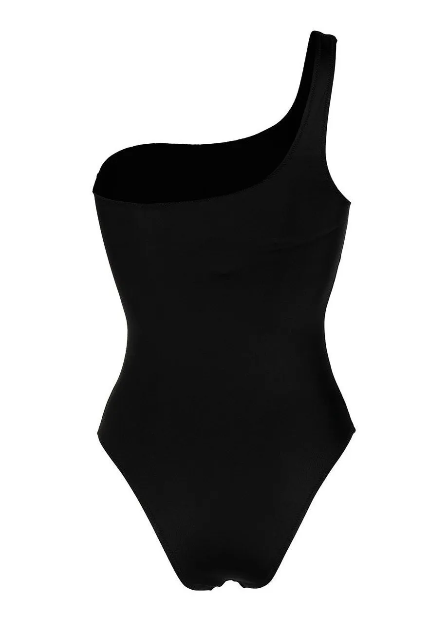 Single Shoulder Logo Print Swimsuit