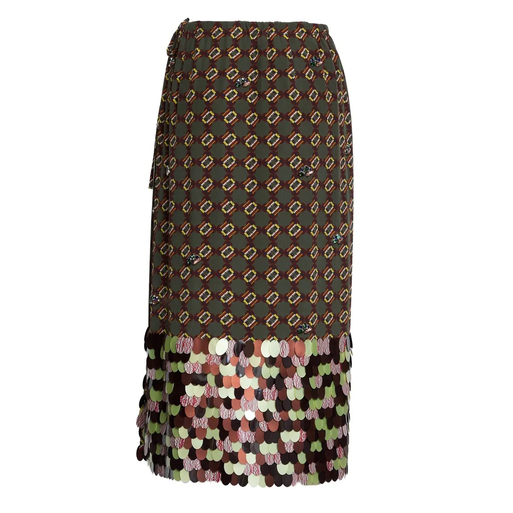 Sequin-Embellished Printed Midi Skirt